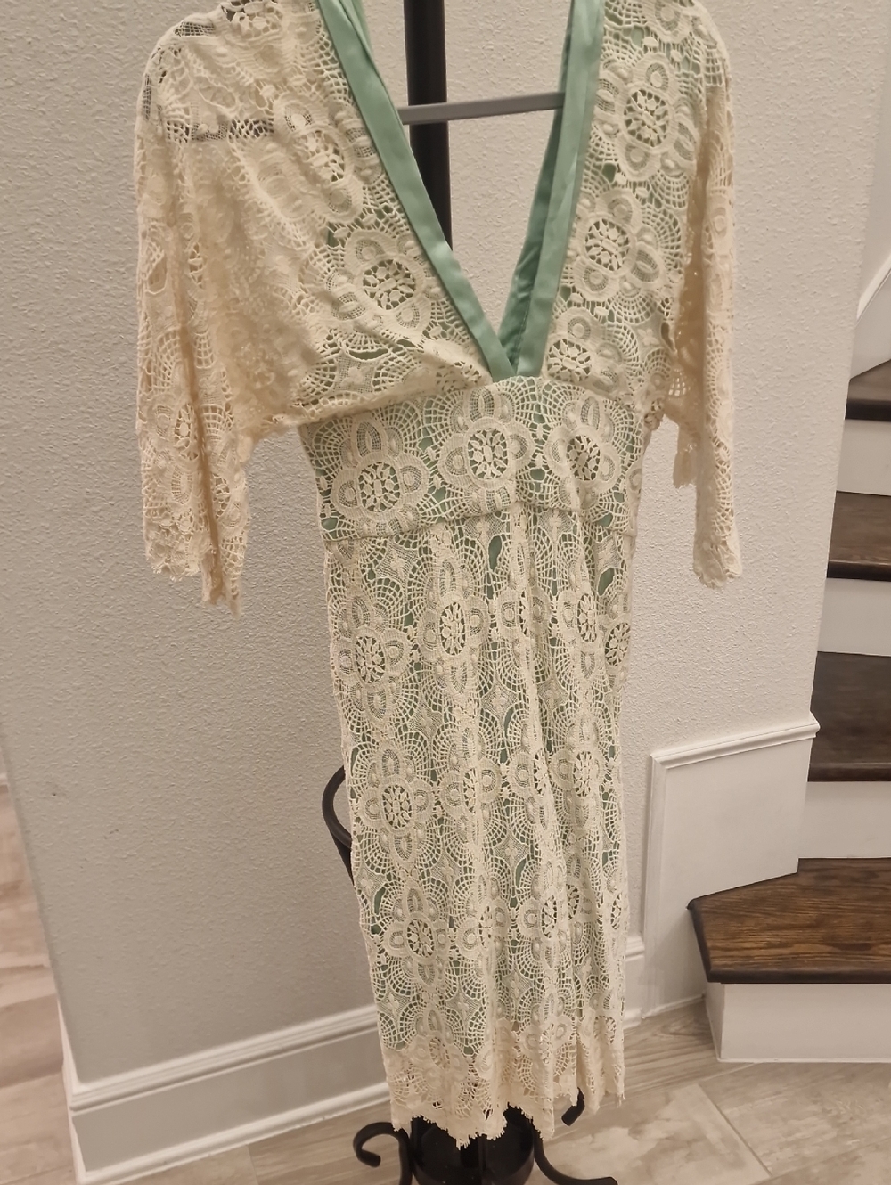 bebe Cream Crochet Lace V-Neck Dress with Mint Trim